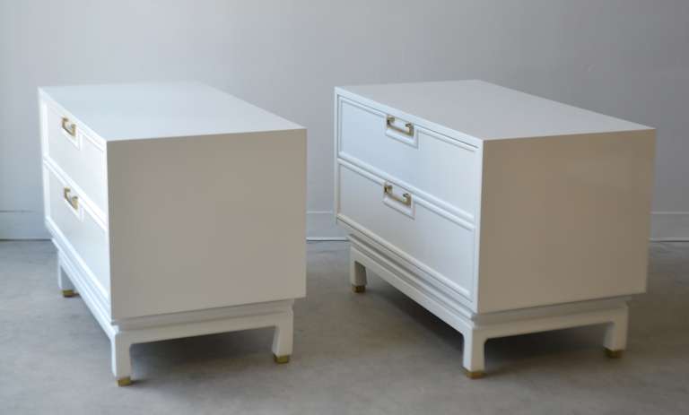 Mid-20th Century Pair of White Lacquered Side Tables with Brass Hardware