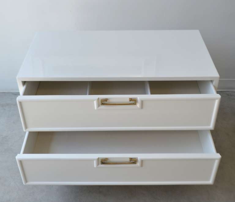 Wood Pair of White Lacquered Side Tables with Brass Hardware