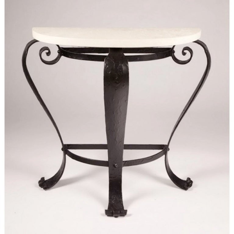 French Wrought Iron Demi-Lune Console Table with Limestone Top In Excellent Condition In West Palm Beach, FL