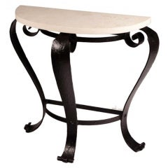 French Wrought Iron Demi-Lune Console Table with Limestone Top