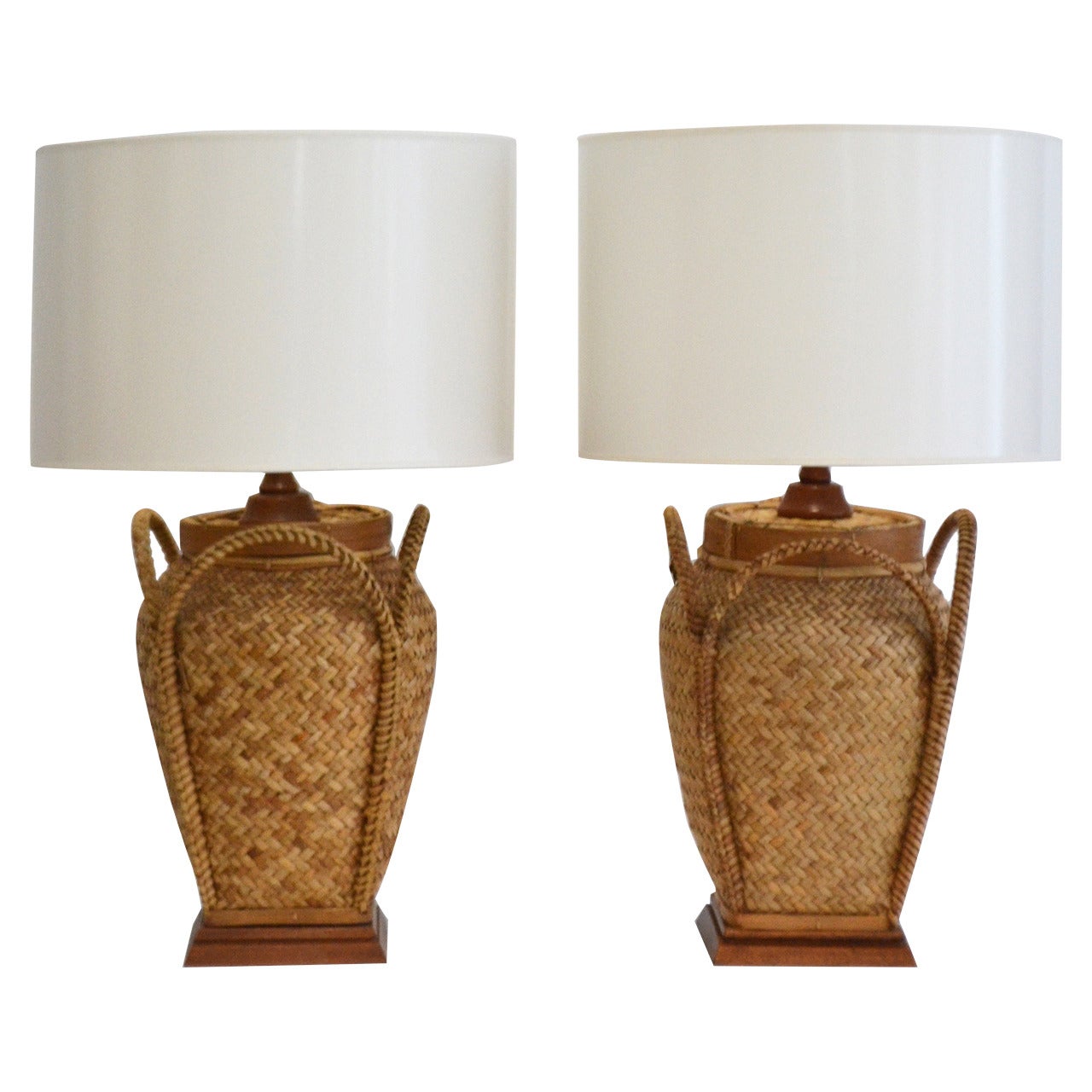 Pair of Woven Rattan Basket Table Lamps