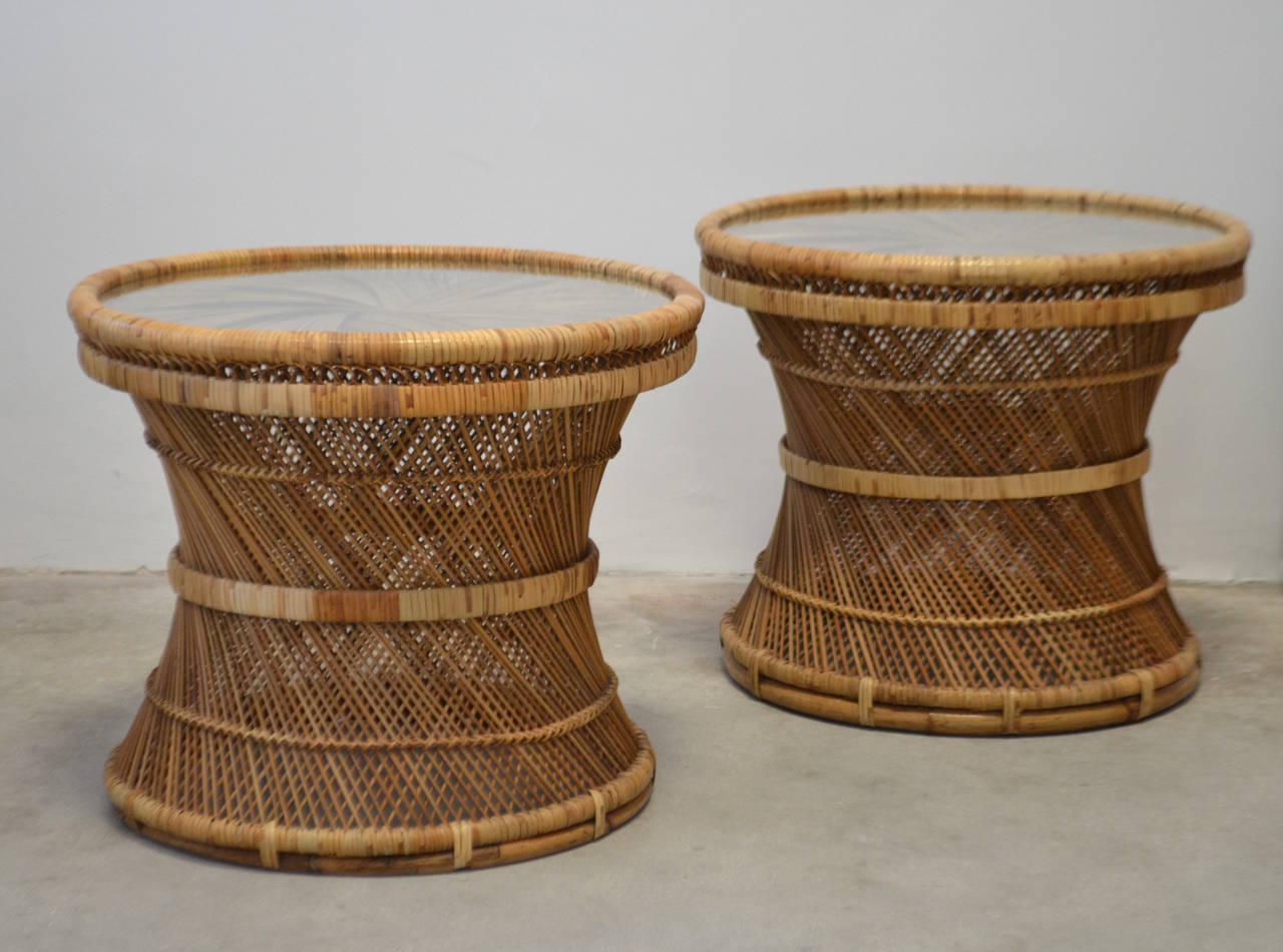 Mid-Century Modern Pair of Woven Rattan Side Tables