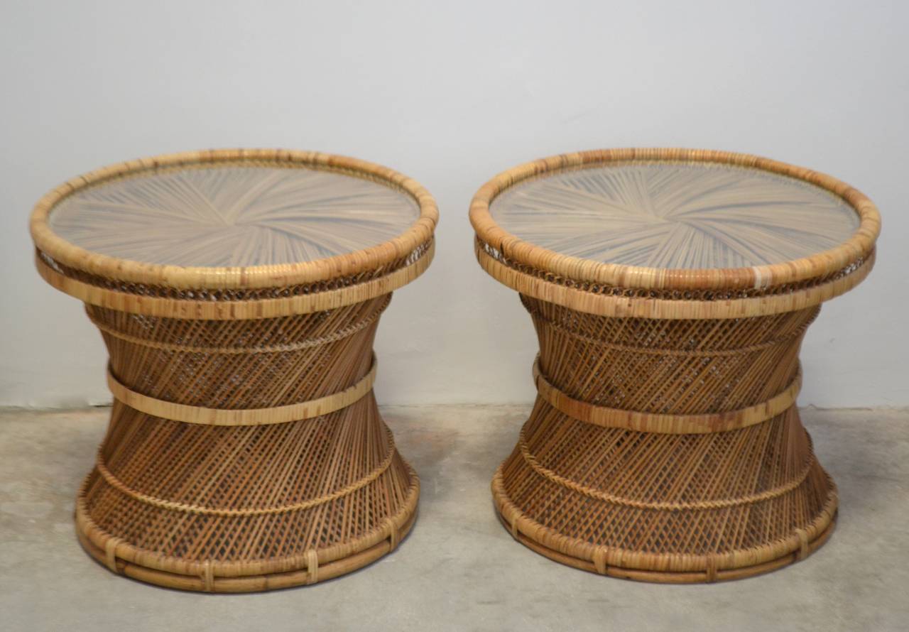 Philippine Pair of Woven Rattan Side Tables