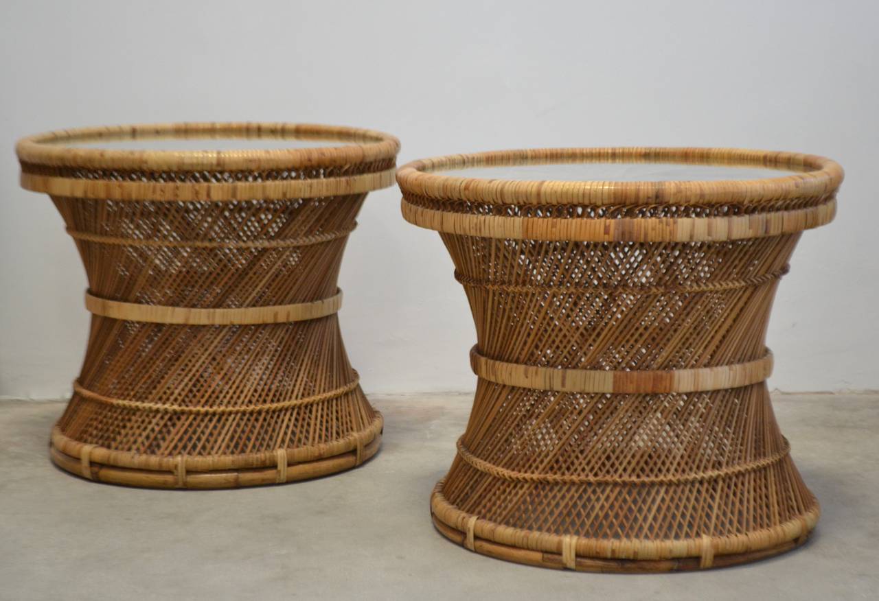 Mid-20th Century Pair of Woven Rattan Side Tables