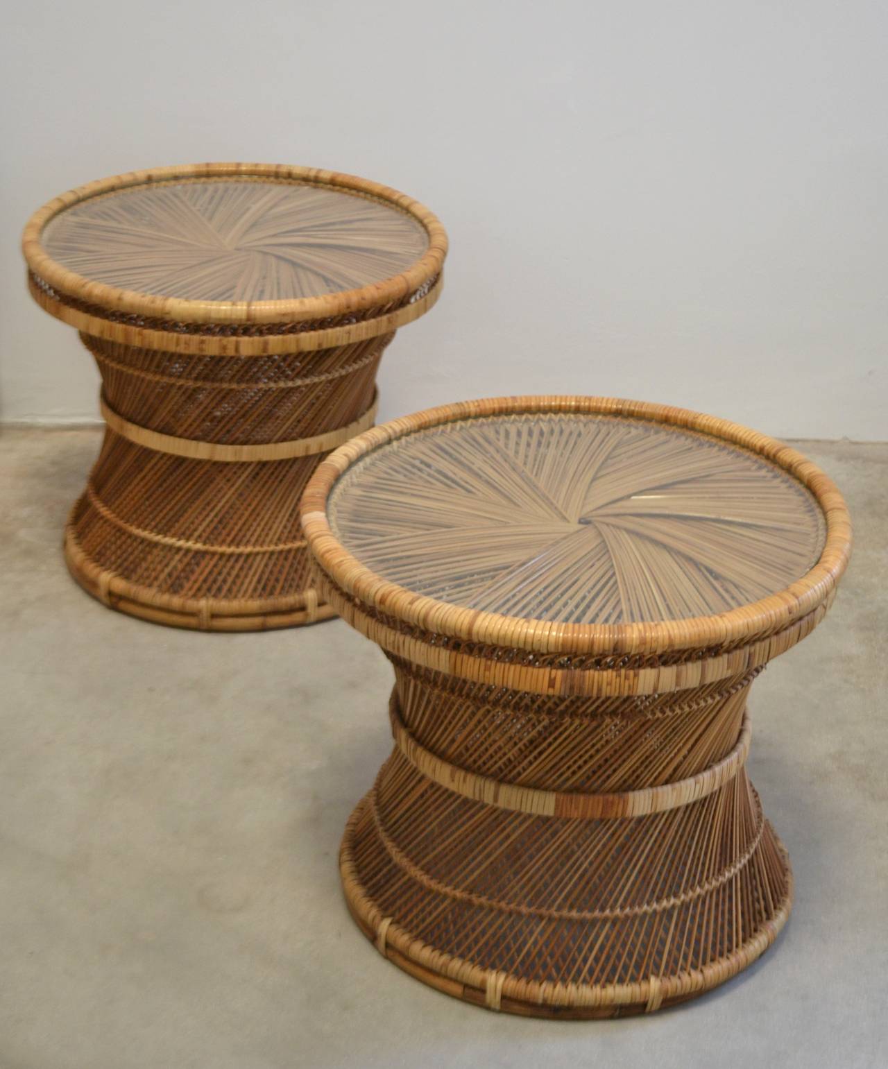 Pair of Woven Rattan Side Tables In Excellent Condition In West Palm Beach, FL