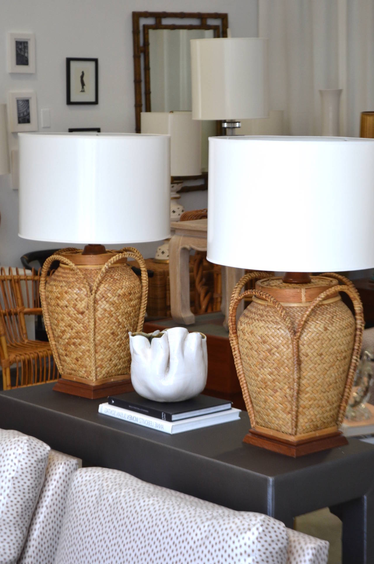 Mid-20th Century Pair of Woven Rattan Basket Table Lamps