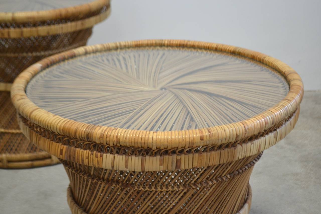 Wicker Pair of Woven Rattan Side Tables