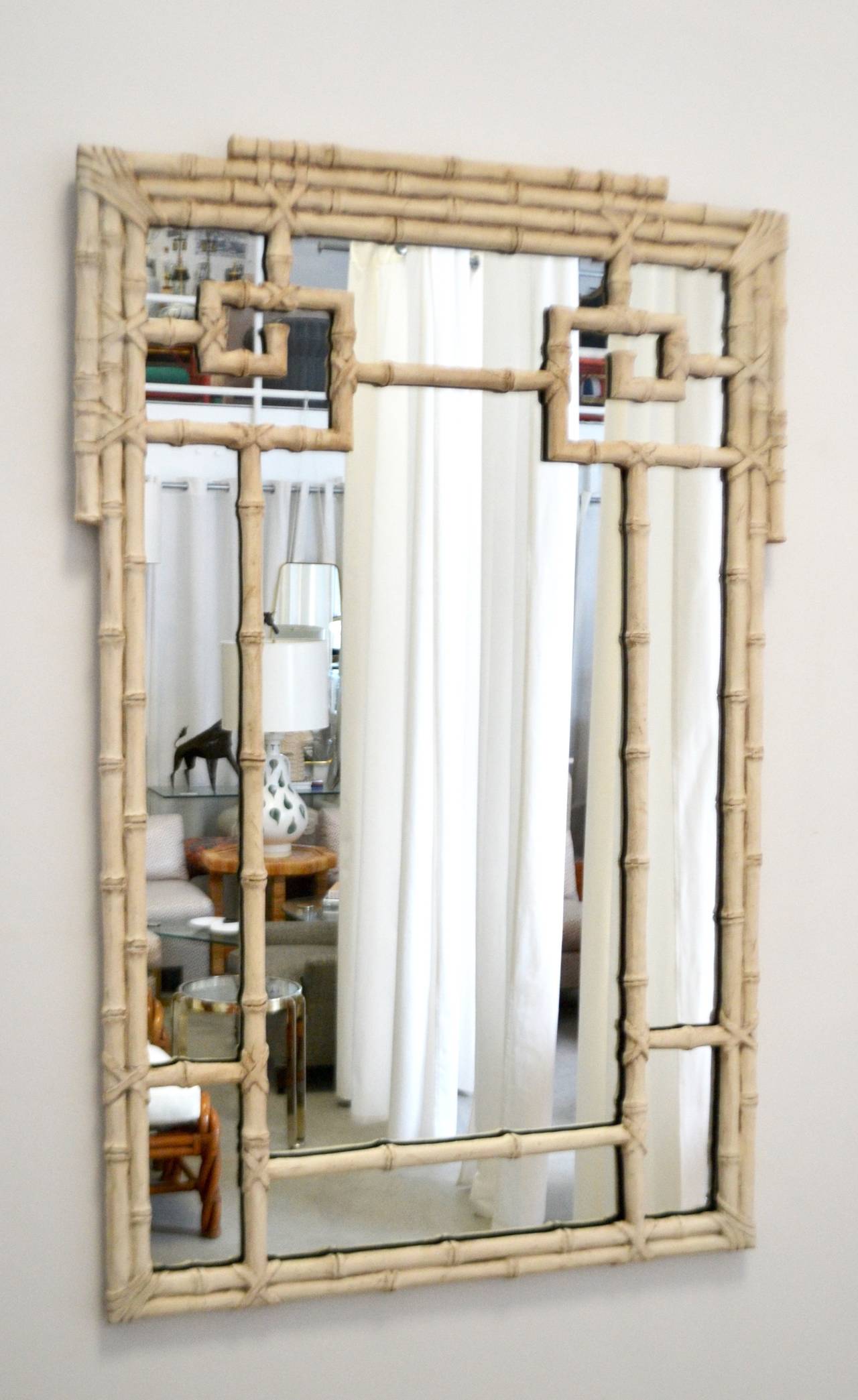 Hollywood Regency Carved Wood Faux Bamboo Mirror
