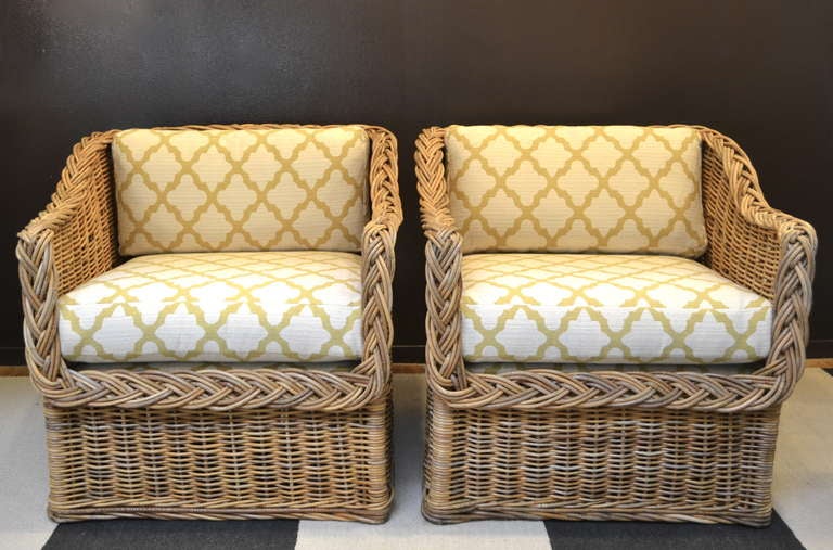 Modern Pair of Woven Rattan Club Chairs
