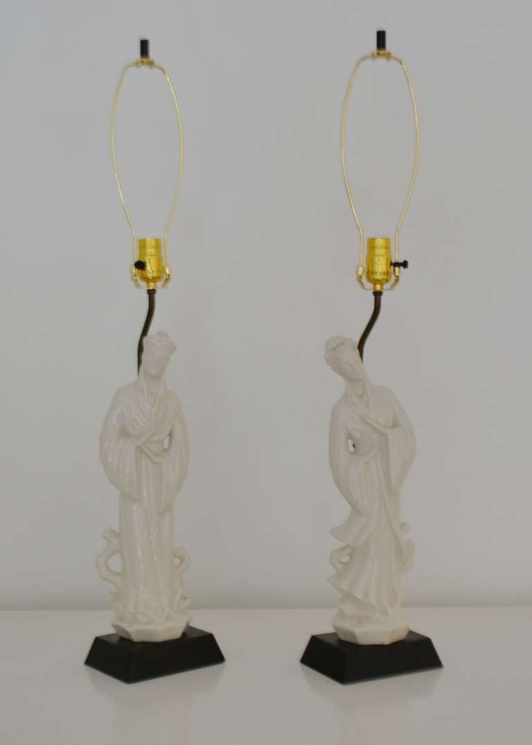 Glazed Pair of Blanc de Chine Table Lamps