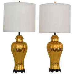 Pair of Hollywood Regency Gold Glazed Urn Form Ceramic Table Lamps