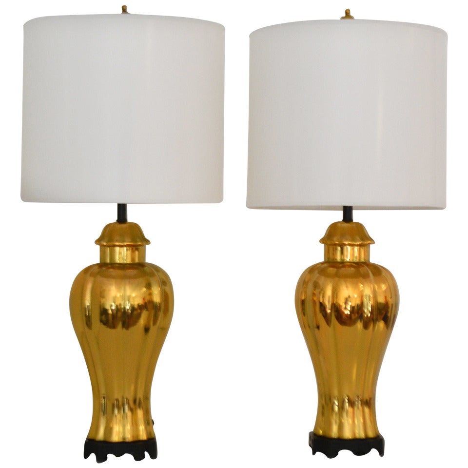 Pair of Hollywood Regency Gold Glazed Urn Form Ceramic Table Lamps For Sale