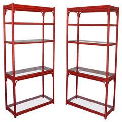 Pair of Red Lacquered Bamboo Etageres