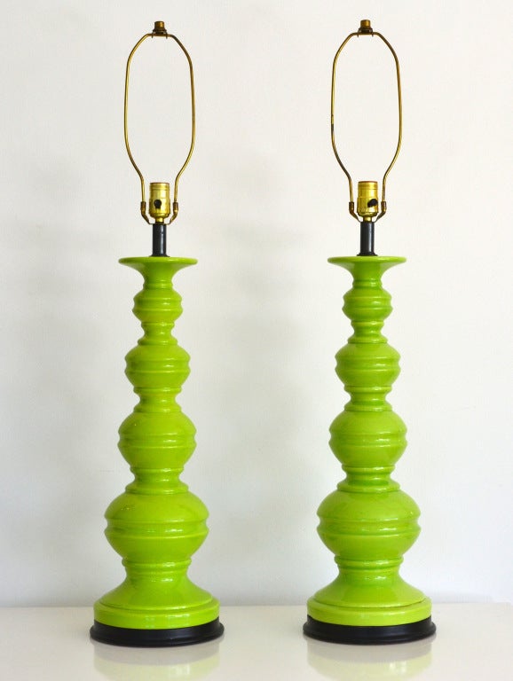 Pair of Mid Century Vibrant Green Glazed Ceramic Table Lamps