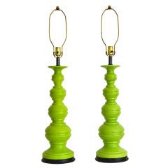 Pair of Mid Century Vibrant Green Glazed Ceramic Table Lamps