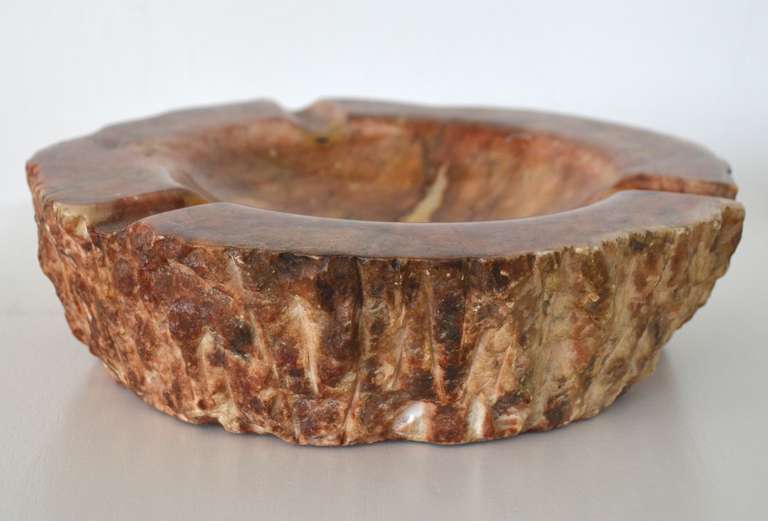 Exceptional Mid-Century organic form tray of a natural formed fossilized pattern, circa 1950s. This decorative ashtray is composed of petrified wood, highlighted with raw sienna earth tones and accentuated with a highly polished surface. The