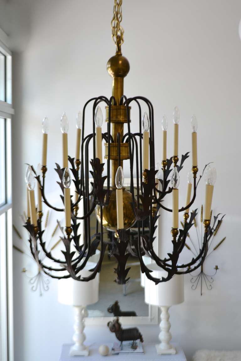 American Hollywood Regency Wrought Iron and Brass Chandelier