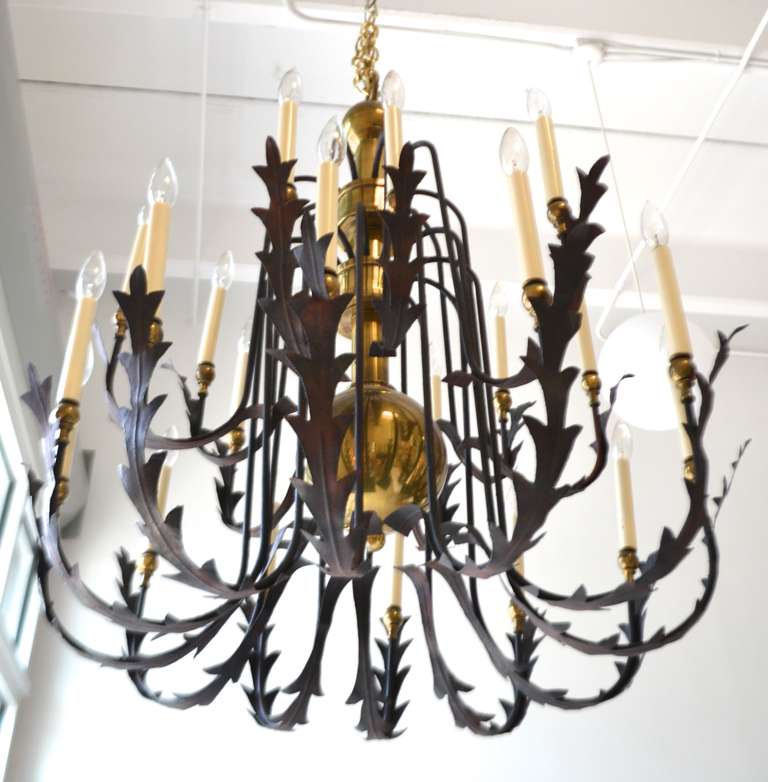 Hollywood Regency Wrought Iron and Brass Chandelier In Good Condition In West Palm Beach, FL