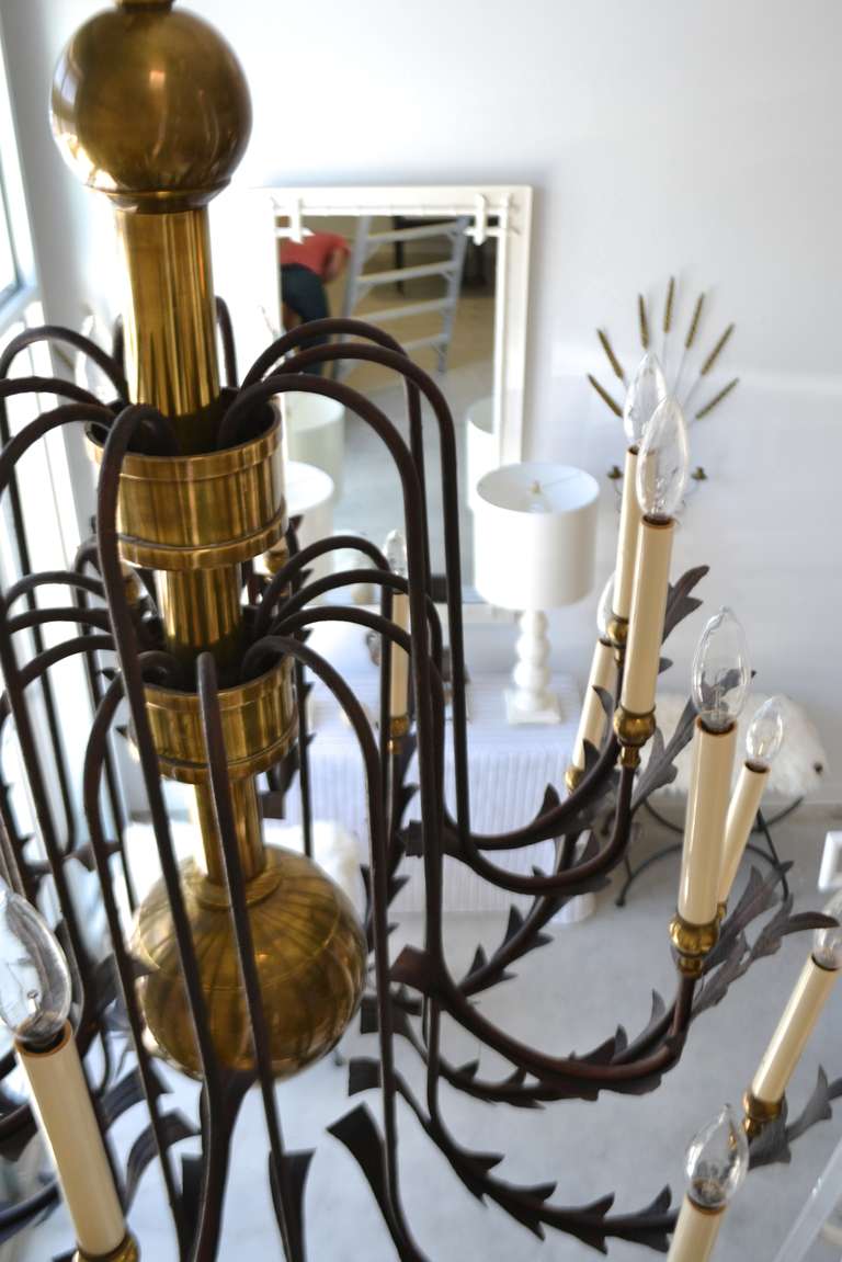Mid-20th Century Hollywood Regency Wrought Iron and Brass Chandelier