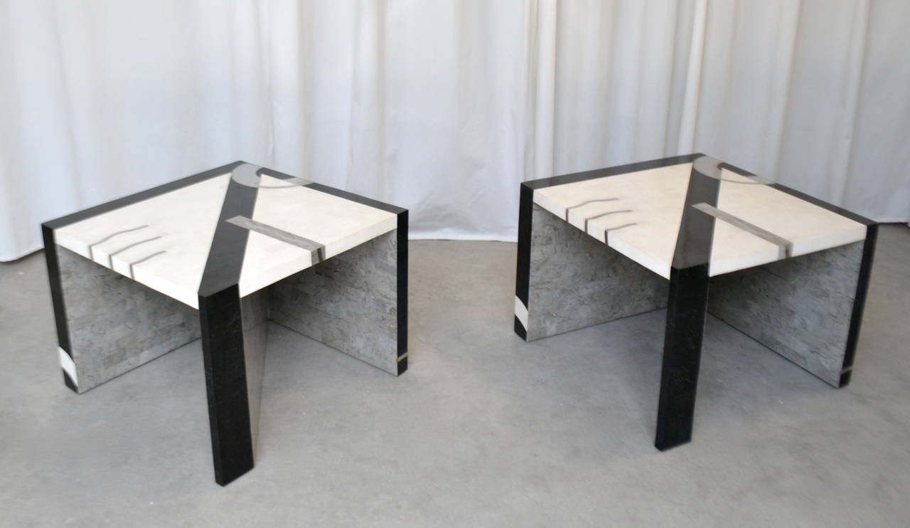 Post-Modern Pair of Postmodern Tessellated Stone Side Tables For Sale