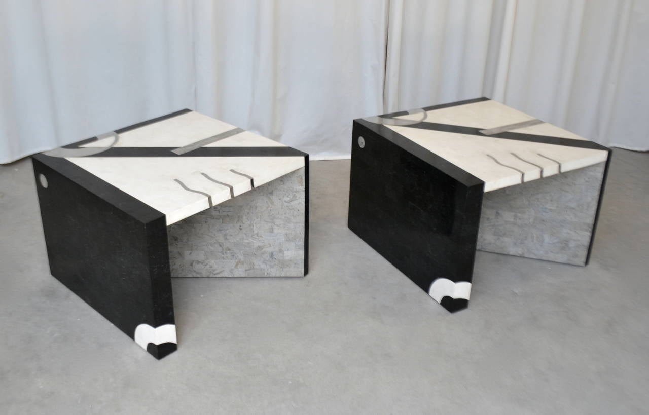 Pair of Postmodern Tessellated Stone Side Tables In Good Condition For Sale In West Palm Beach, FL