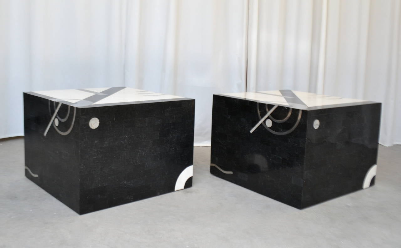 Italian Pair of Postmodern Tessellated Stone Side Tables For Sale