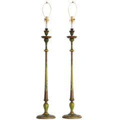 Antique Pair of Venetian Hand Painted Carved Wood Candlestick Lamps