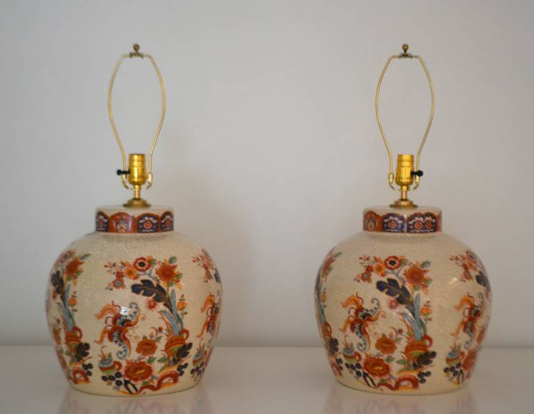 American Pair of Ceramic Crackle Glazed Jar-Form Table Lamps
