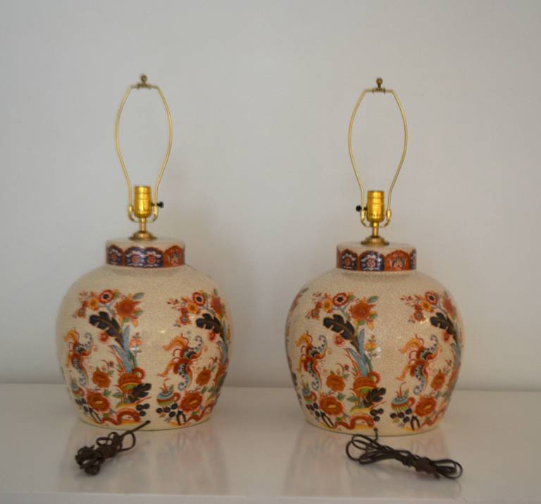 Mid-20th Century Pair of Ceramic Crackle Glazed Jar-Form Table Lamps