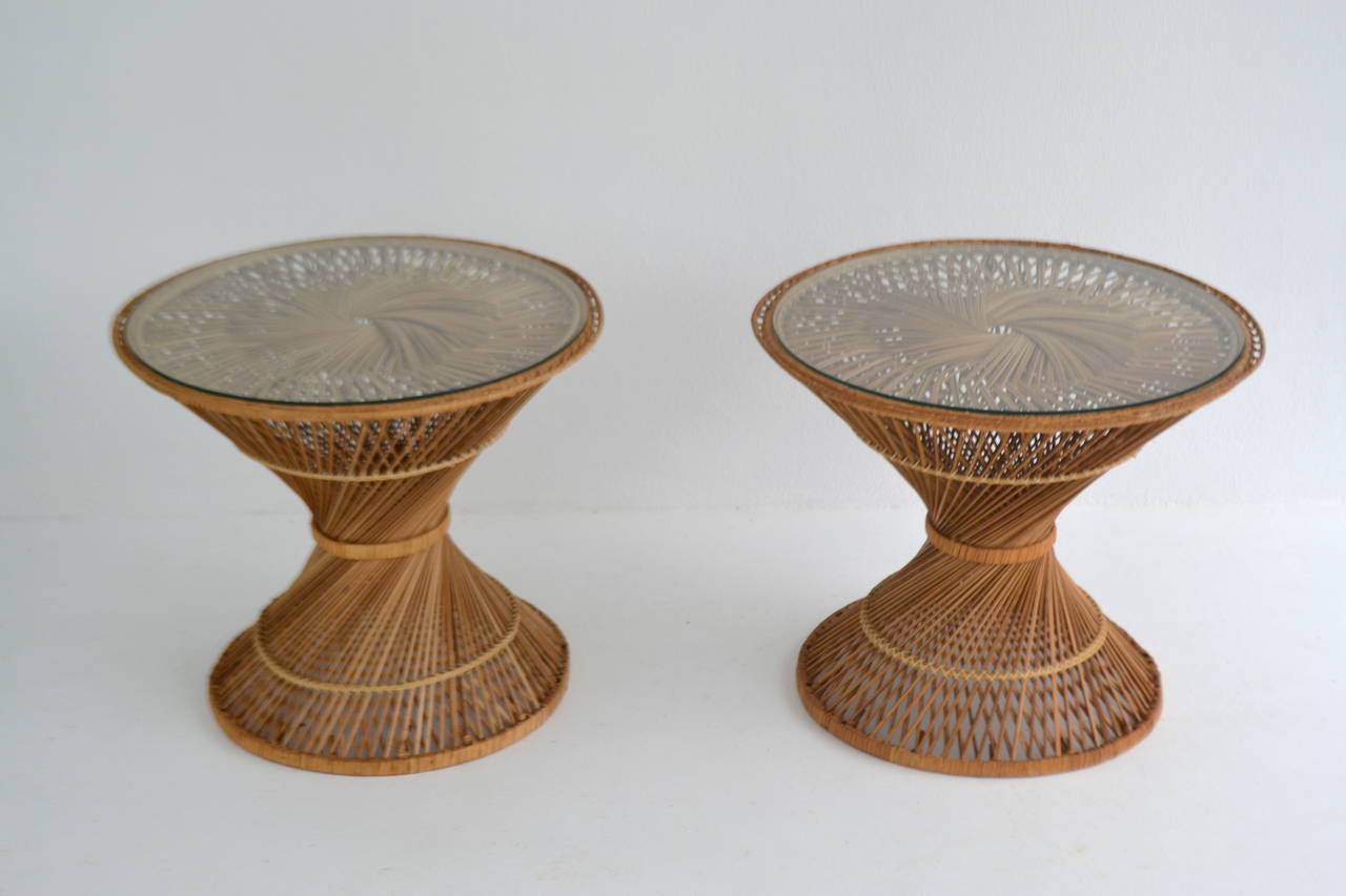Mid-Century Modern Pair of Woven Rattan Hour Glass Form Side Tables