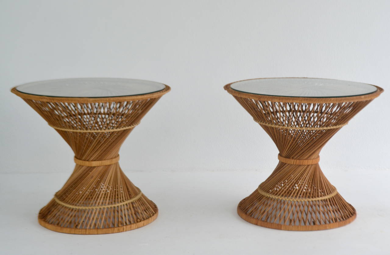 Philippine Pair of Woven Rattan Hour Glass Form Side Tables