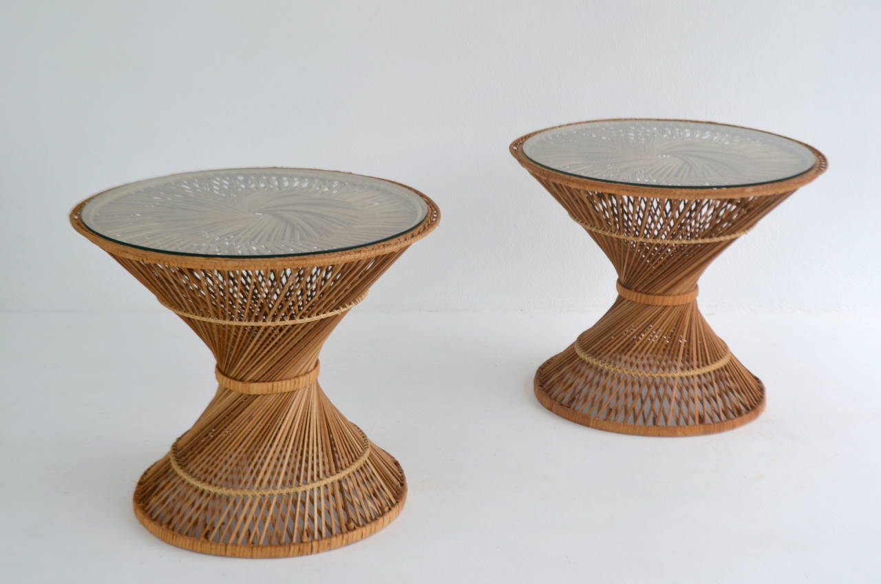 Pair of Woven Rattan Hour Glass Form Side Tables In Excellent Condition In West Palm Beach, FL