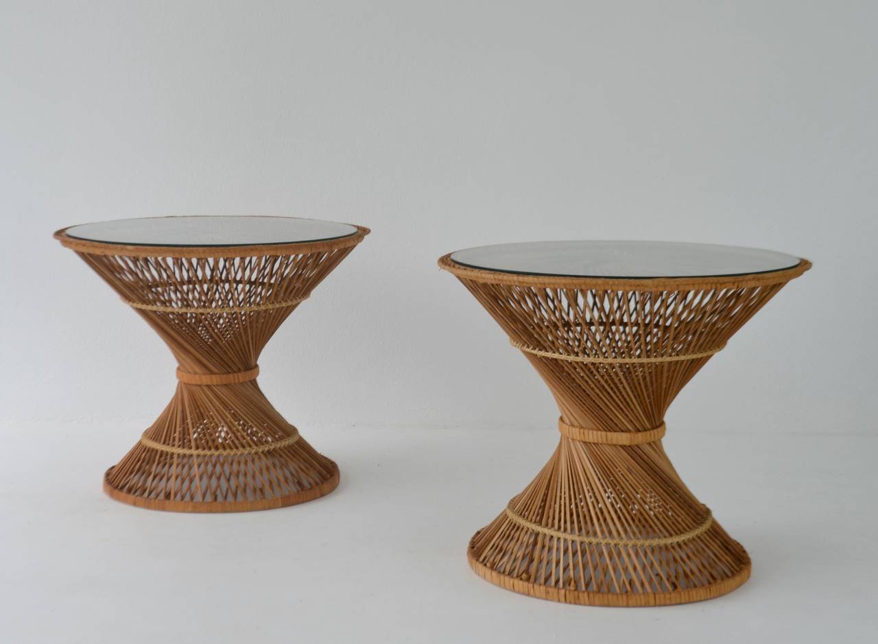 Mid-20th Century Pair of Woven Rattan Hour Glass Form Side Tables