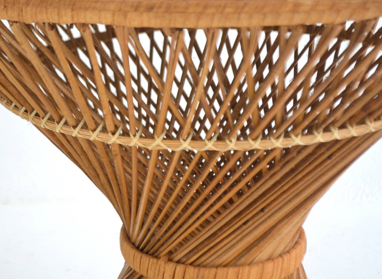 Bamboo Pair of Woven Rattan Hour Glass Form Side Tables