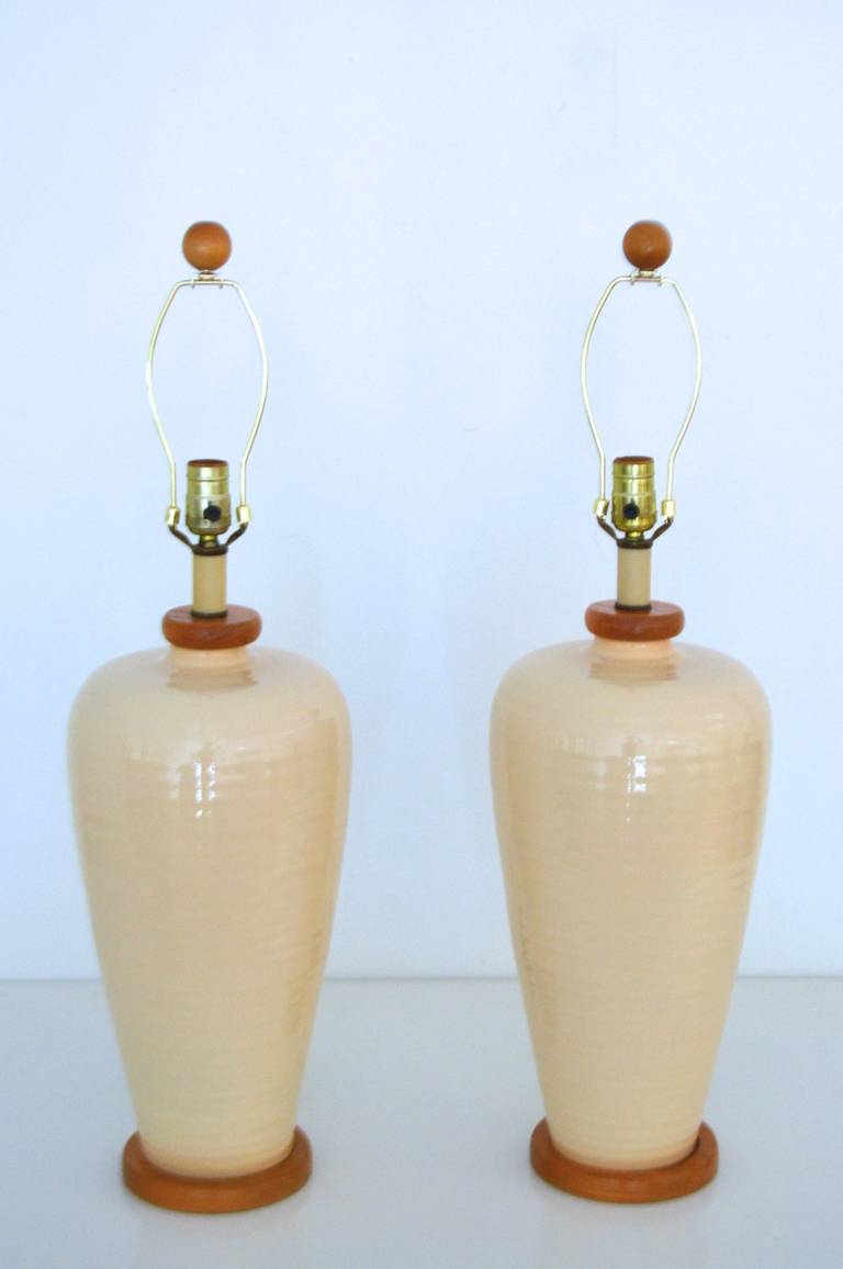 American Pair of Hand Thrown Ceramic Table Lamps