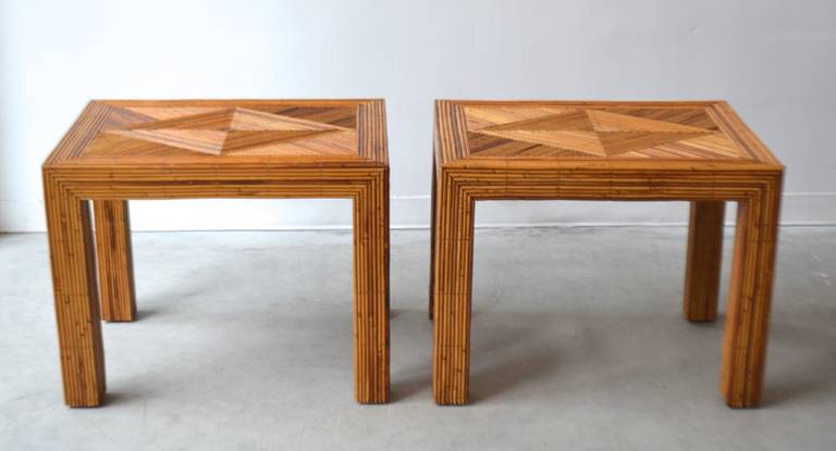 Striking pair of custom made Mid-Century cut reed Parsons style side tables, c. 1960s - 1970s.