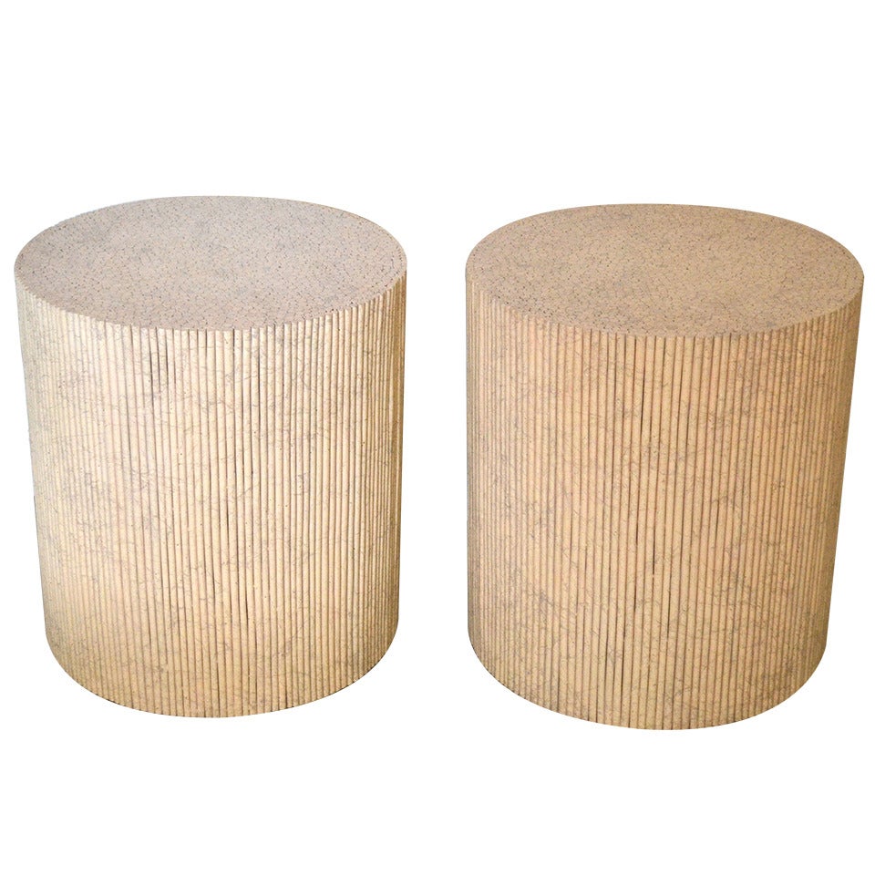 Pair of Custom Made Lacquered Reed Drum Tables