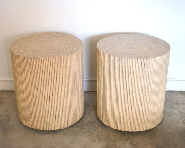 Mid-Century Modern Pair of Custom Made Lacquered Reed Drum Tables
