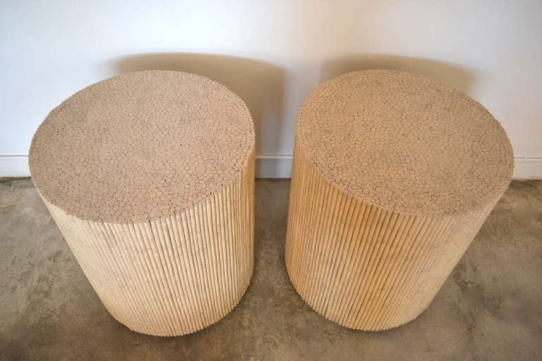 Pair of Custom Made Lacquered Reed Drum Tables In Excellent Condition In West Palm Beach, FL