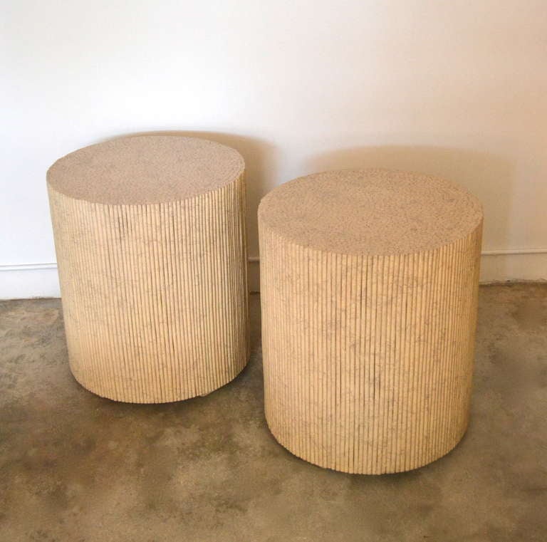 Mid-20th Century Pair of Custom Made Lacquered Reed Drum Tables