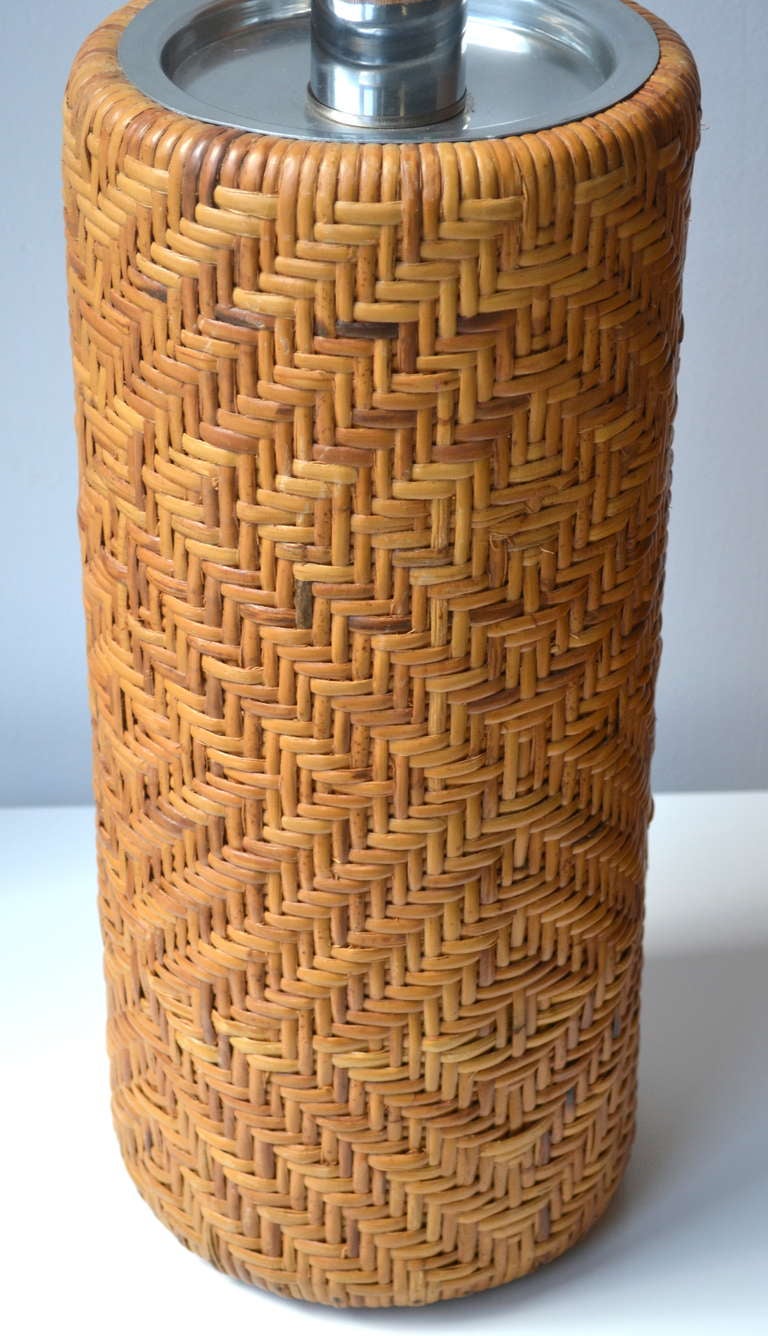 Brass Woven Reed Cylinder Form Table Lamp