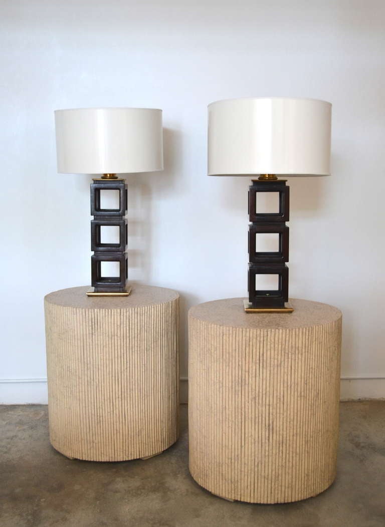 Pair of Custom Made Lacquered Reed Drum Tables 4