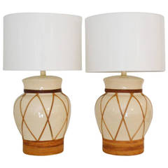 Pair of Ceramic and Bamboo Jar Form Table Lamps