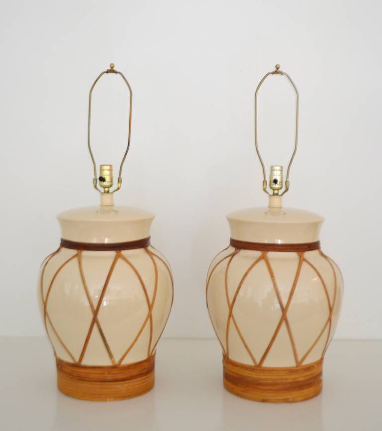 American Pair of Ceramic and Bamboo Jar Form Table Lamps