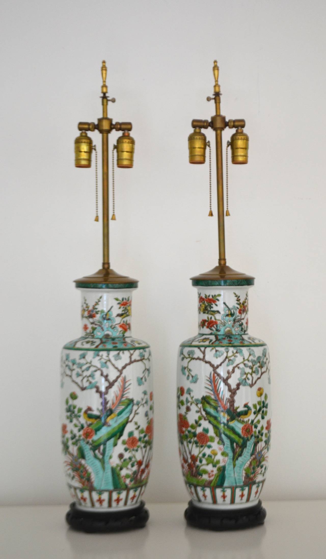 Polychromed Pair of Porcelain Chinoiserie Table Lamps