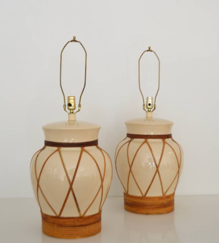 Glazed Pair of Ceramic and Bamboo Jar Form Table Lamps