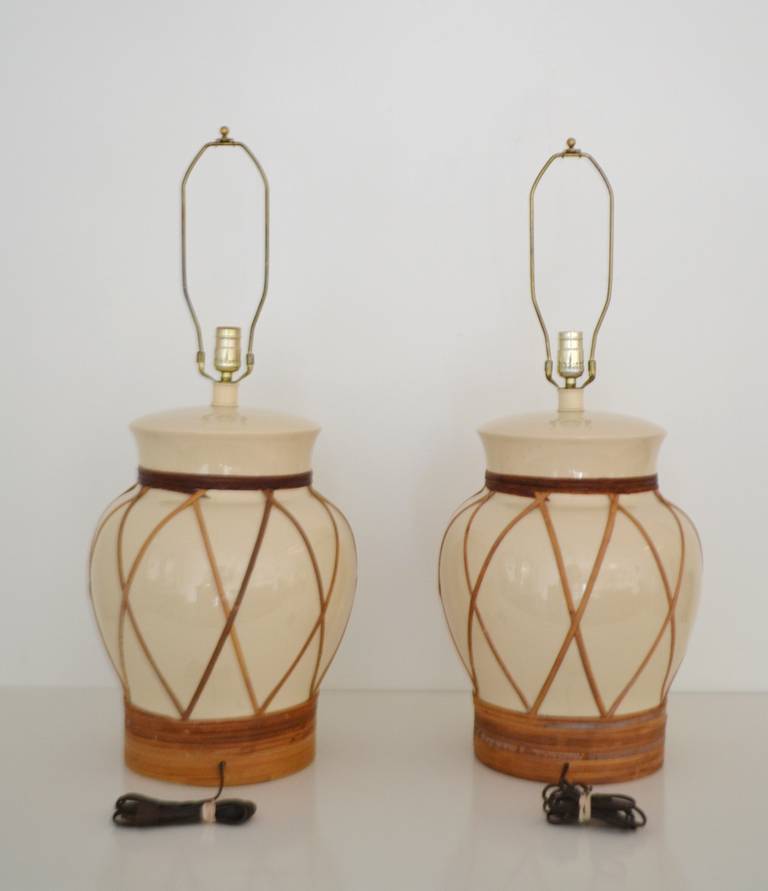 Pair of Ceramic and Bamboo Jar Form Table Lamps In Excellent Condition In West Palm Beach, FL