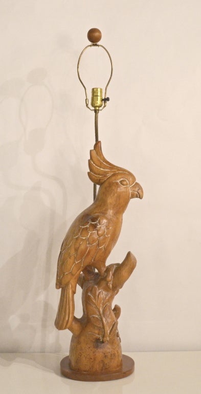 American Pair of 1950s Hand Carved Wooden Parrots Mounted as Table Lamps