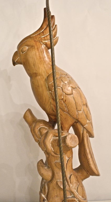 Hand-Carved Pair of 1950s Hand Carved Wooden Parrots Mounted as Table Lamps