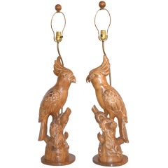 Vintage Pair of 1950s Hand Carved Wooden Parrots Mounted as Table Lamps